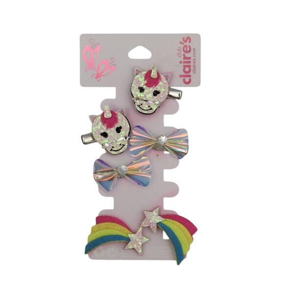 Claires Girls Hair Clips 6 Pack Glittter Unicorns Rainbows Bows - Picture 1 of 5